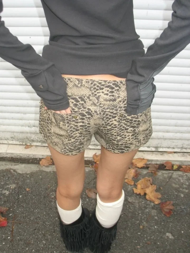 2000s Y2k Pants Lowwaisted Lace Up Ropa Mujer Summer New Aline Wide Leg American Washed Leopard Print Shorts