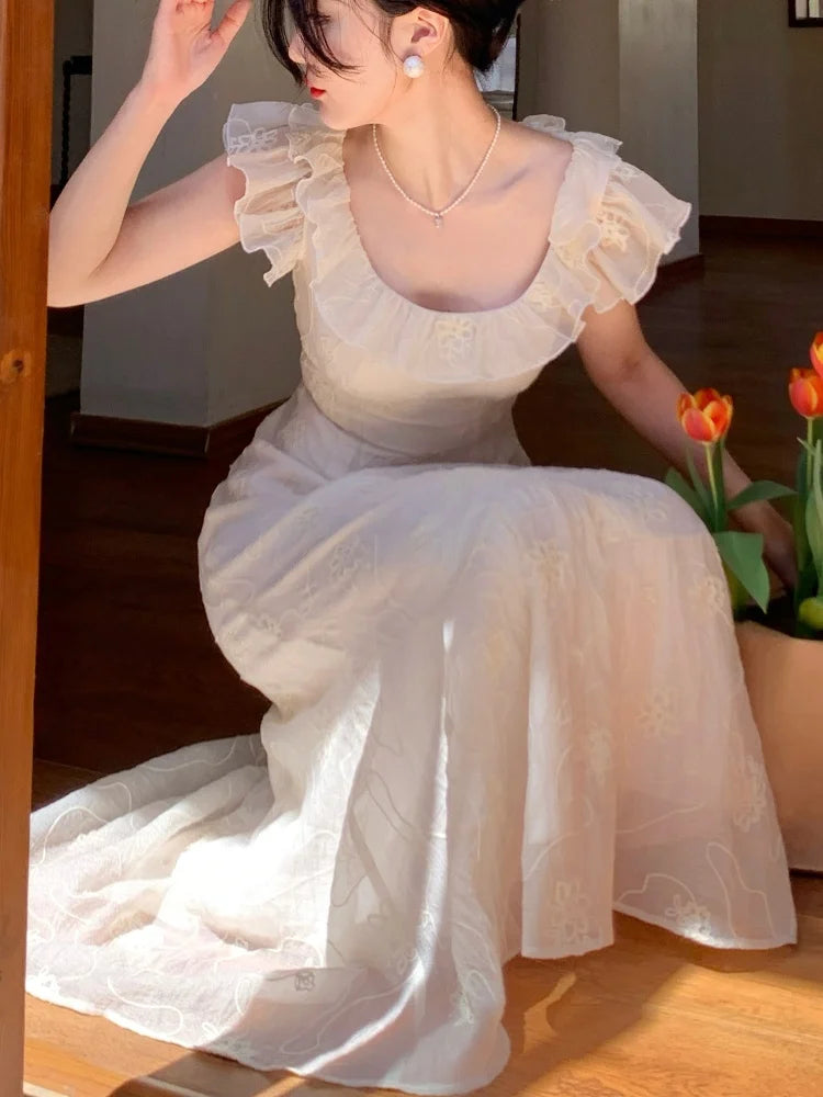 Summer French Midi Dress Ruffles Slim Party Dress Holiday Beach Korean Vestidos