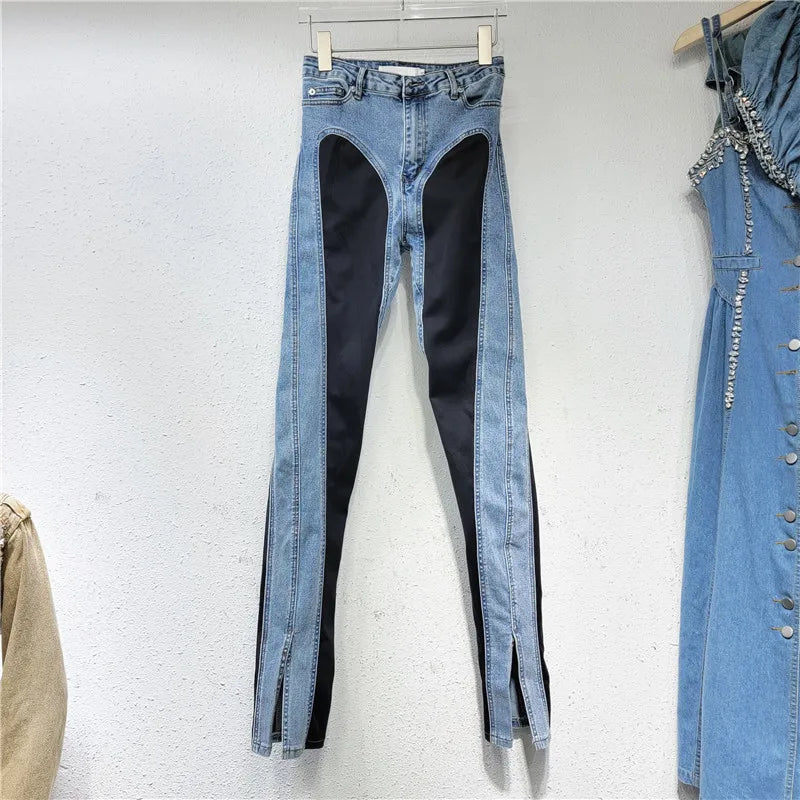 Denim Pants Contrast Color Slim Split Patchwork Thin Pencil Pants Autumn New