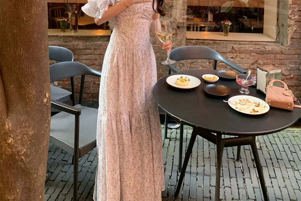 Purple Square Collar Flower Bud Sleeve Dress Summer New Fresh Sweet Fairy Temperament Long Dresses