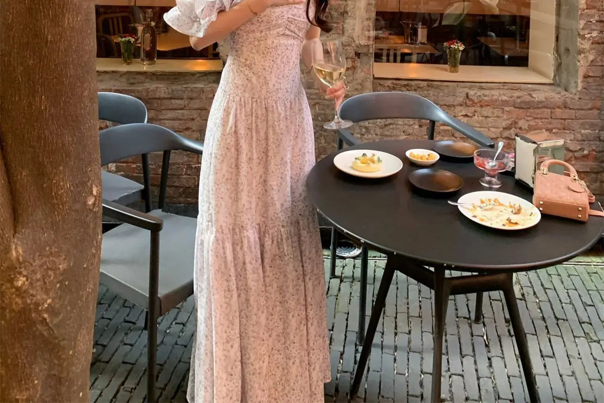 Purple Square Collar Flower Bud Sleeve Dress Summer New Fresh Sweet Fairy Temperament Long Dresses