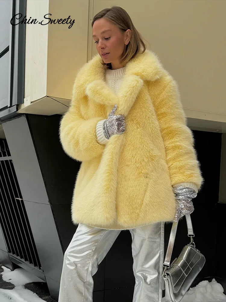 Faux Fur Jacket Coat Warm Fluffy Loose Long Sleeve Lapel Female Overcoat Winter Yellow Lady Street Outwear