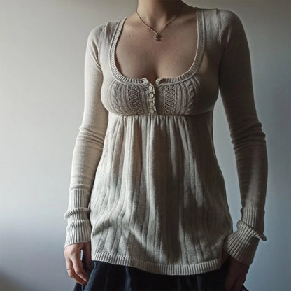 2000s Long Sleeve Babydoll Knitted Sweater Tops Cottage Milkmaid Pullovers Aesthetic Grunge Y2k Knitwear T-shirts