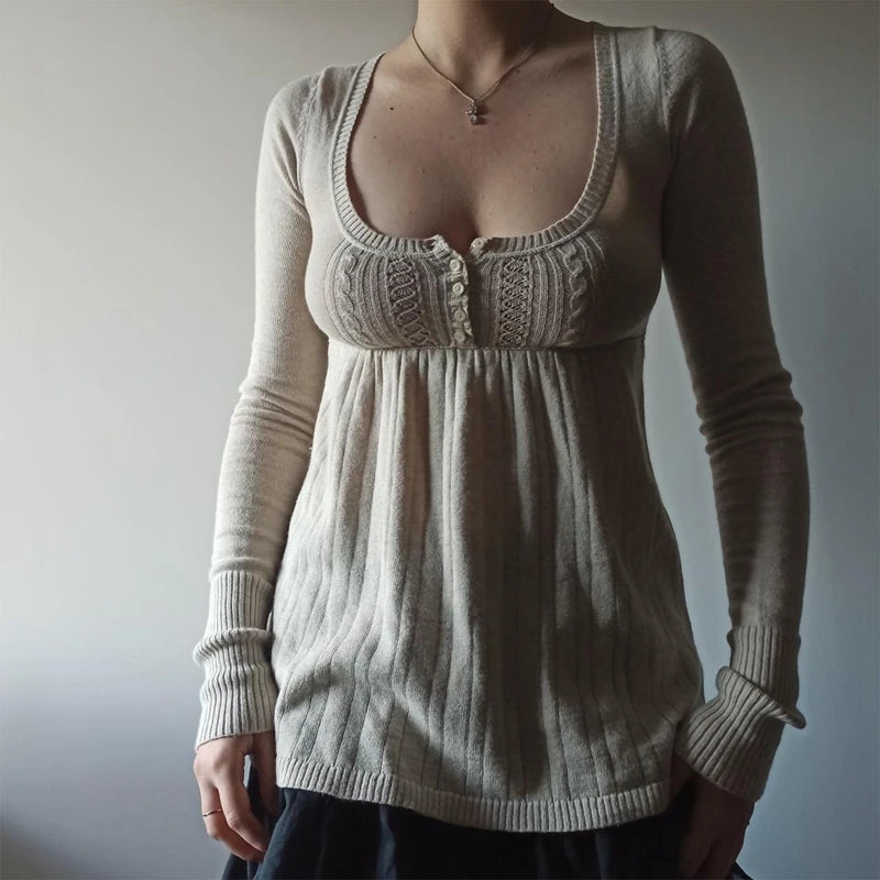2000s Long Sleeve Babydoll Knitted Sweater Tops Cottage Milkmaid Pullovers Aesthetic Grunge Y2k Knitwear T-shirts
