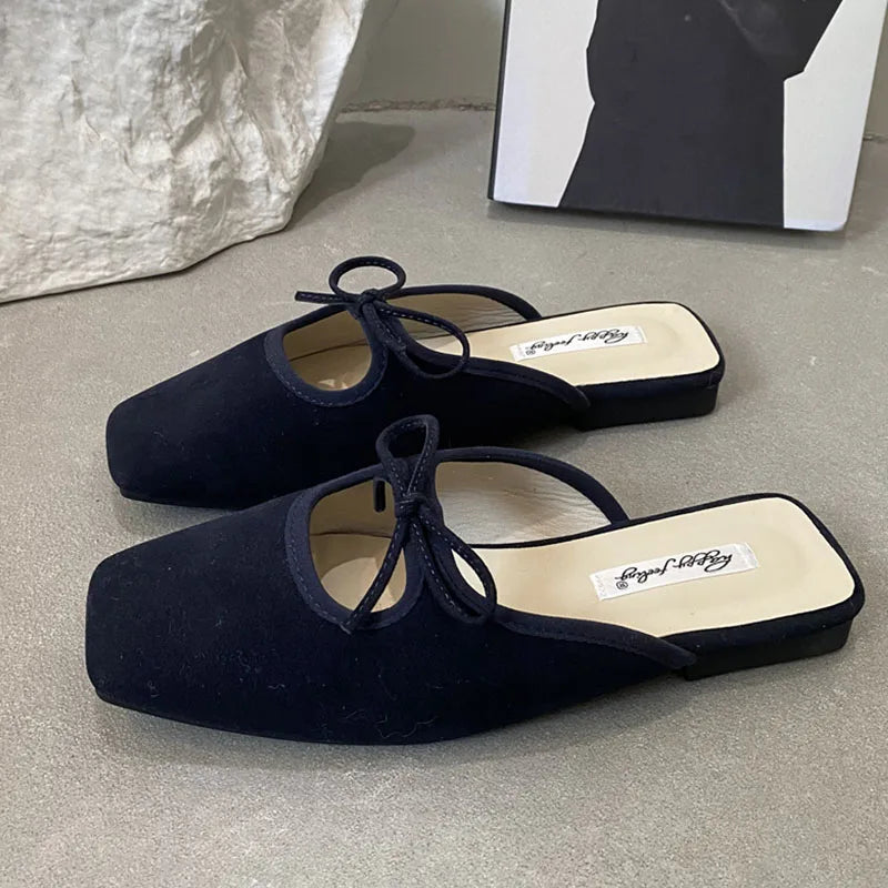 Summer New Flat Slipper Square Toe Slip on Mules Shoes Soft Flat Heel Outdoor Dress Sandal Slides New Woman