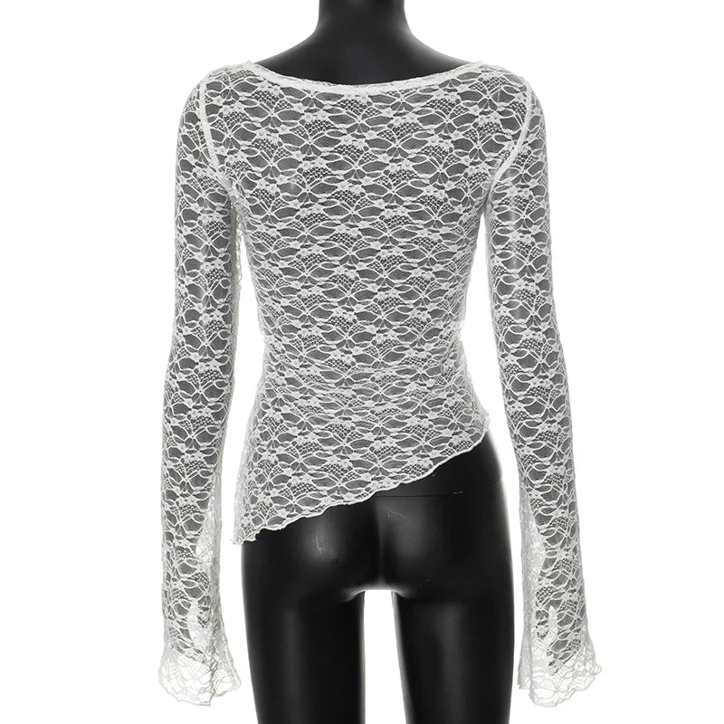 Lace Sheer T-shirt Cover-ups See Through Long Sleeve Asymmetrical Tees Shirt Mesh Crop Tops