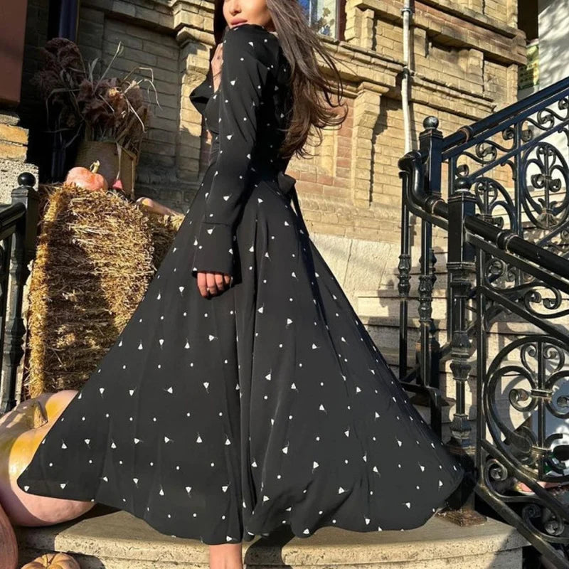 Spring Oneck Swing Maxi Dress Print Lace Up Bow Slim Long Dress Autumn Flare Long Sleeve Party Dress