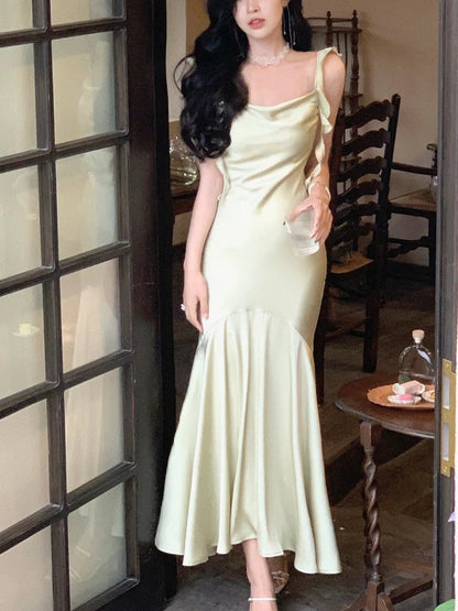 Summer Satin Strap Midi Dress Even Party Dress Pure Color One Piece Dress Korean