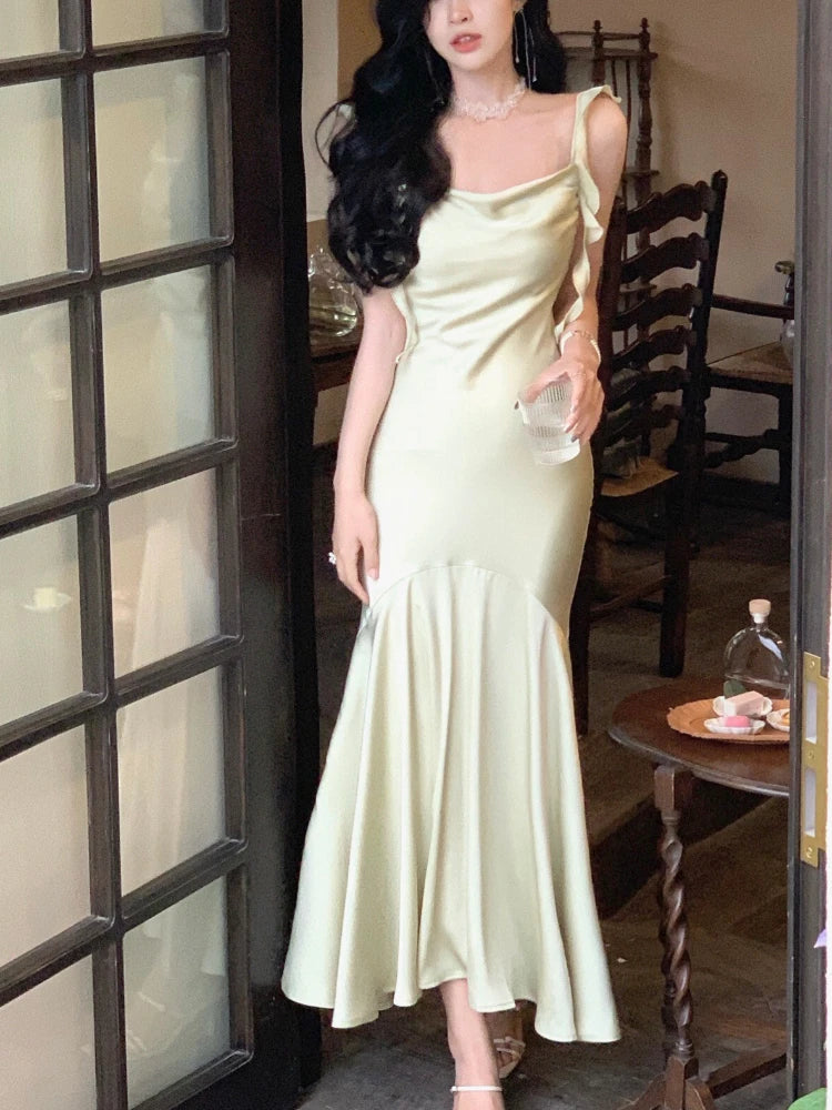 Summer Satin Strap Midi Dress Even Party Dress Pure Color One Piece Dress Korean