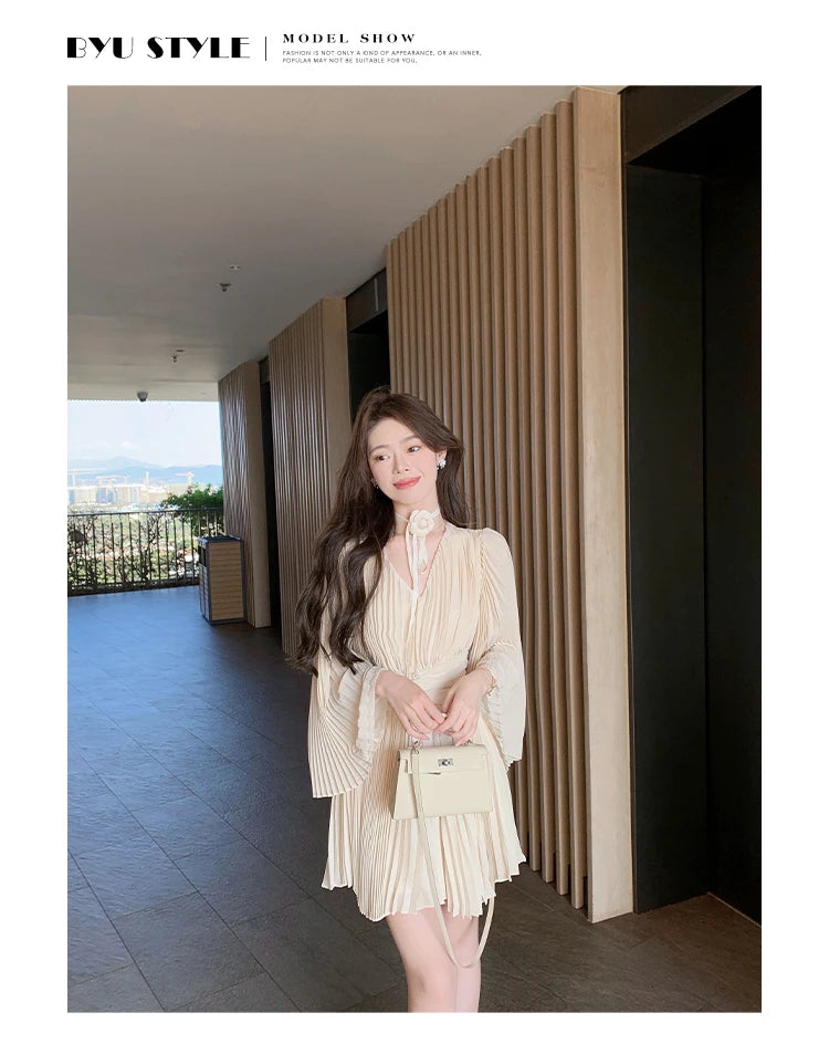Vneck Flare Sleeve Aline Mini Dress Pleated Chiffon Temperament Birthday Prom Femme Vestido Mujer New Autumn