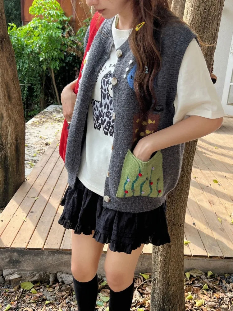 South Korea Hook 3d Flower Vest for Gray Cardigan Clothing Chaleco Mujer Pockets Design Waistcoat