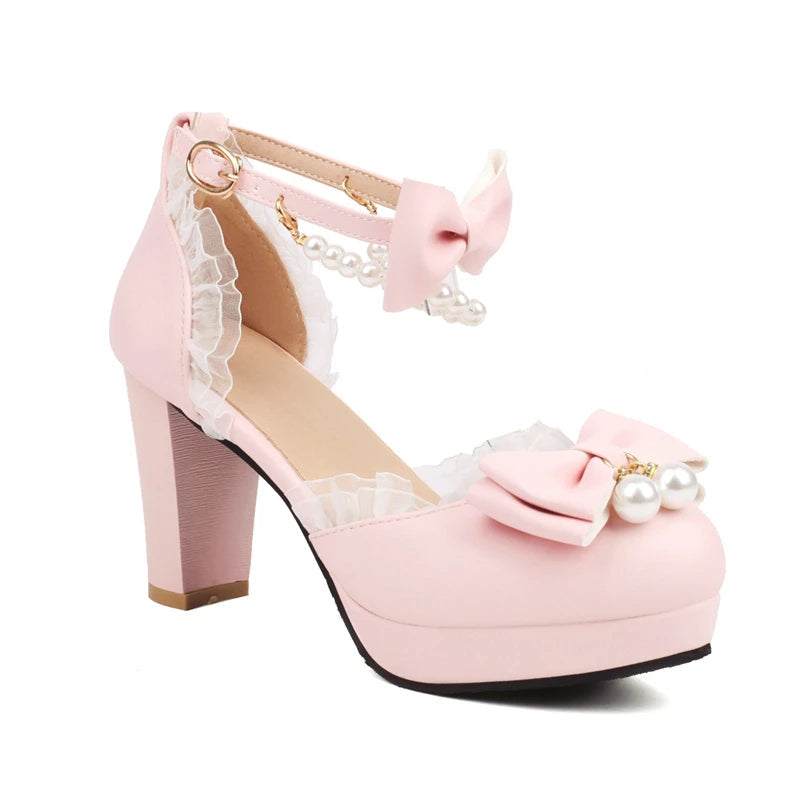 Ankle Strap Twopiece Lolita Pump Round Toe Platform Kawaii Thick High Heel Bow Buckle Bead Cosplay Shoes Autumn