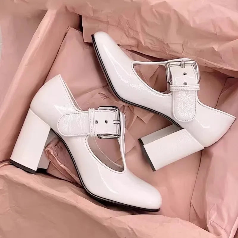 Block Heel Square Toe Mary Jane Shoes Patent Leather Retro Cool High Heels Comfortable Buckle French Style Pumps Sandalias