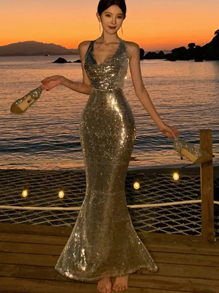 Bodycon Sequined Prom Robe V-neck Backless Sleeveless Evening Party Dress Wedding Slim Mermaid Long Dresses for New