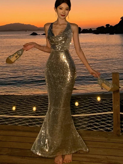 Bodycon Sequined Prom Robe V-neck Backless Sleeveless Evening Party Dress Wedding Slim Mermaid Long Dresses for New