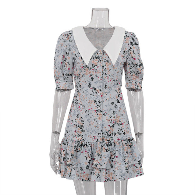 Short Sleeve Mini Dress for Robe Turn-down Collar French Dress High Waist Dresses