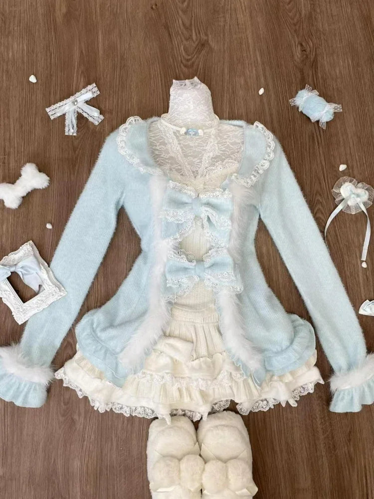 Winter Sweet New 3 Piece Sets Outfits Long Sleeve Bow Cardigan + Slim Vest + Lace Patchwork Mini Skirt