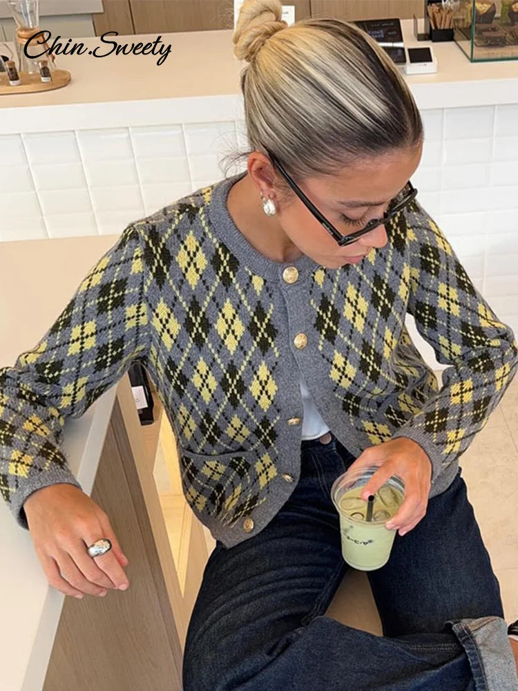 Plaid Knitted Slim Cardigan Autumn O-neck Long Sleeve Metal Button Short Sweater Coat Lady All-matching Knitwear New