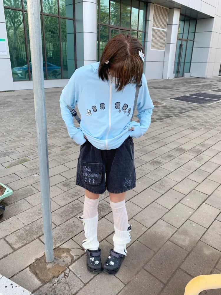 Y2k Japanese Denim Shorts Harajuku Cartoon Embroidery Baggy Summer Jeans Short Bottoms