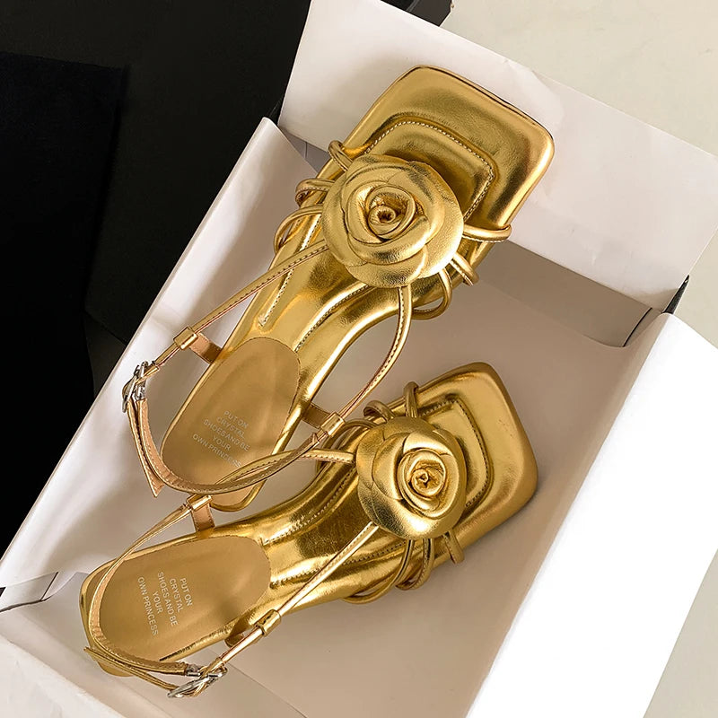 Open Toe Camellia Flower Sandals Square Toe Hollow Summer Strappy Daily Dress Shoes High Heels Beach Shoes