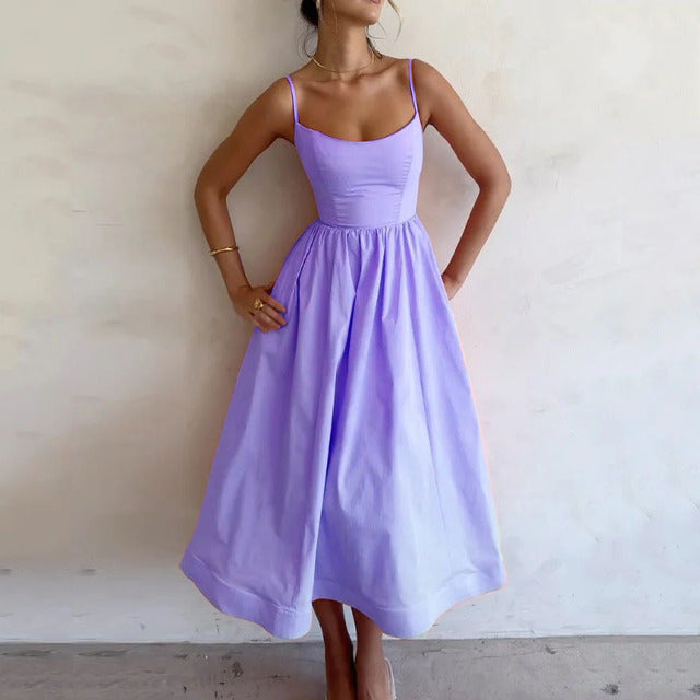 Spaghetti Strap A-line Maxi Dresses Low Cut Sleeveless Big Skirt Dress Summer New Party Vestido