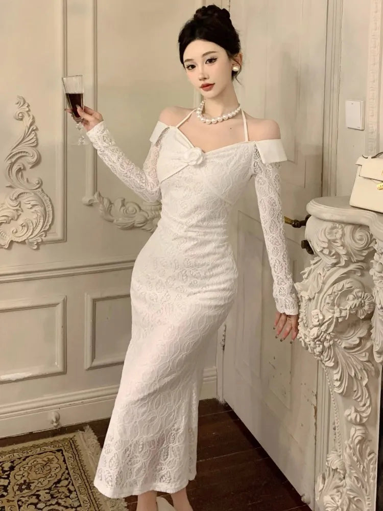 Long Dress Slash Neck Slim Bodycon Short Lace Dresses Evening Party Autumn Spring New Vestidos