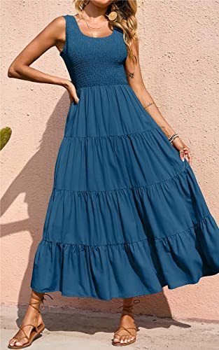 Dresses for Summer Sleeveless Color Long Dress Elastic Waist Beach Party Big Swing