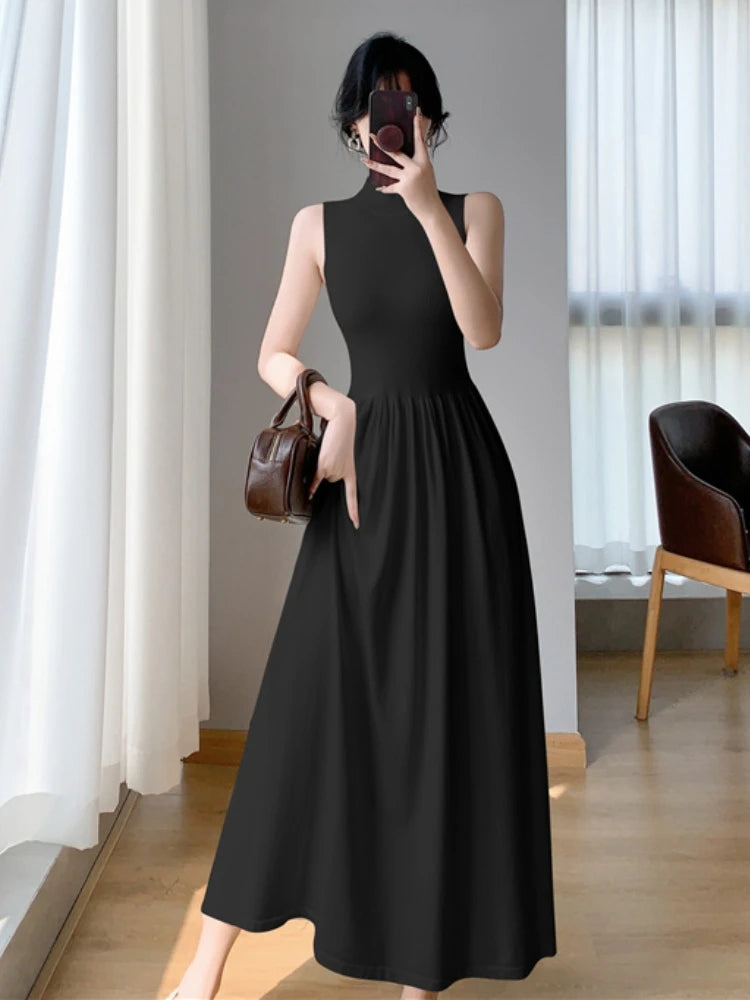 Spring Summer New Sleeveless Knitted Midi Dress Slim Robe