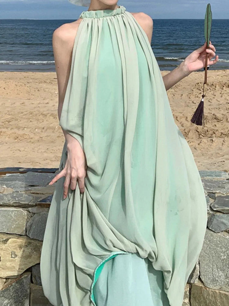 Sleeveless Summer Midi Dress Halter Loose Party Beach Holiday Vestidos Female Clothes New Robe
