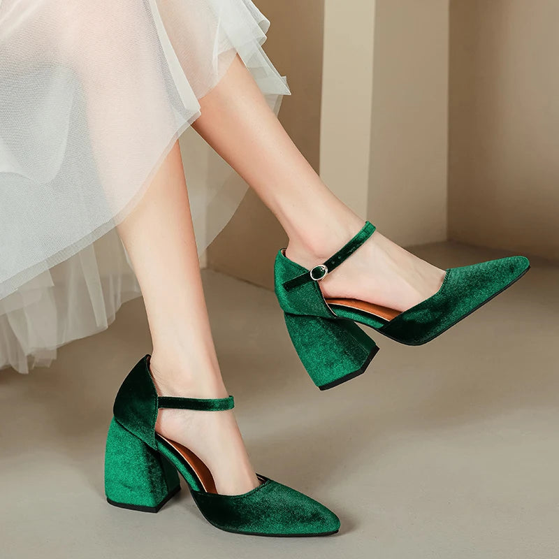 Velvet High Heels Shoes Female Ankle Straps Black Green Heeled Pointy Party Shoe Dress Pumps 45