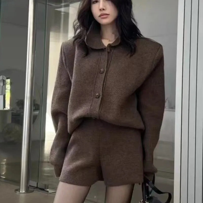 Autumn Winter New Two-piece Knitted Sets Single Breasted Sweater Top High Waist Shorts Korean Outfits Suit