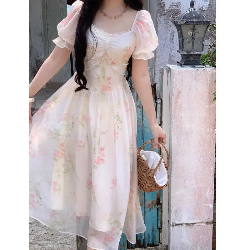 Print Midi Dress Summer New Square Collar Female Puff Sleeve Fairy Holiday Vestidos