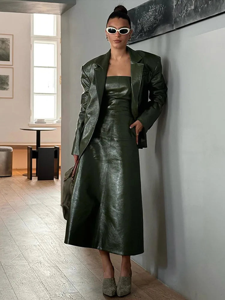 Pu Leather Tube Dresses Suit Coat ’s Set Slim Fit Long Dress Lapel Jackets Sets Female Street Outfits