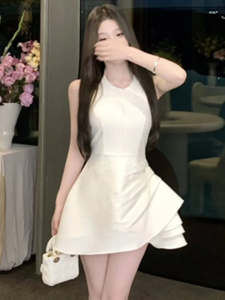 Halter Irregular Jumpsuit Dresses Sweet White Backless Birthday Party Mini Dress Female Pleated Aline Short Vestidos