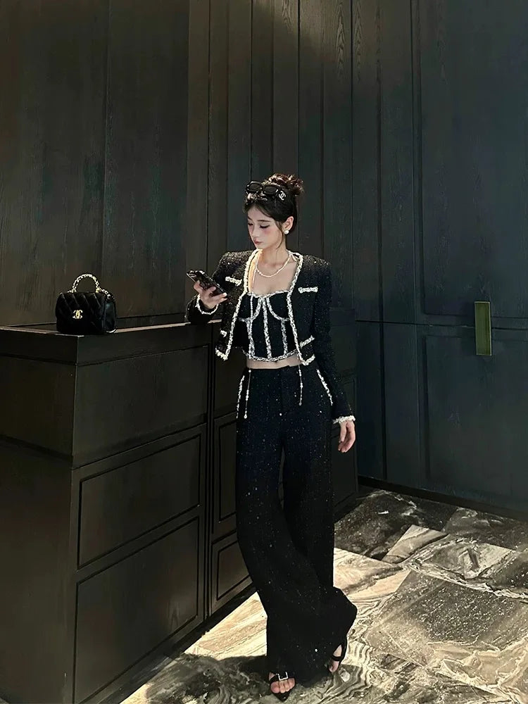 Sweet Hot Girl Retro Suit Autumn/winter Strapless Top Longsleeved Coat Hip Wrap Skirt Threepiece Set Female Clothes