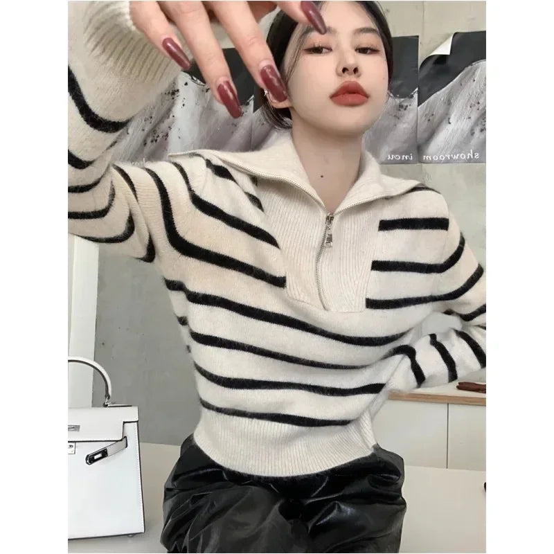 ’s Autumn Winter New Retro Lapel Half Zipper Contrasting Stripes Sweater Long Sleeved Loose Knitted Coat
