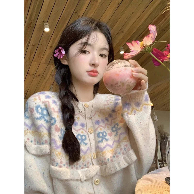 Kawaii Bow Pink Knitted Cardigan Print Patchwork Sweater Outerwear Korean Aesthetic Knitwear Long Sleeve Jumpers