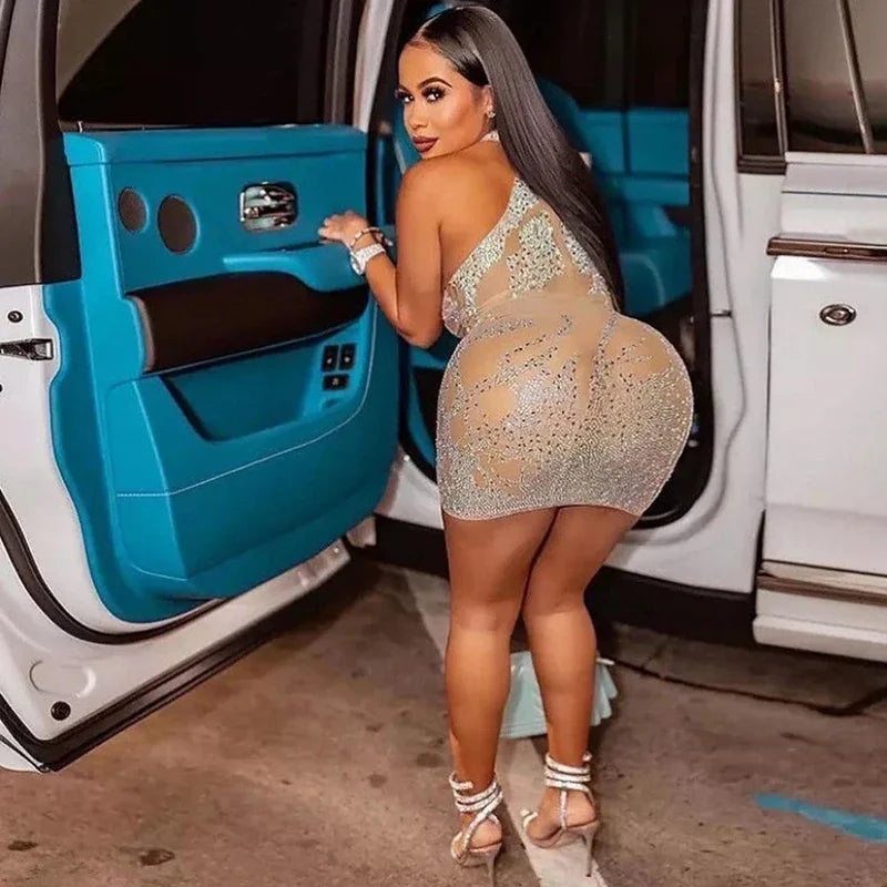 Mesh Sheer See Through Party Dress for Party Club Night Mini Bodycon Dress Rhinestone Sparkly Birthday Skirt