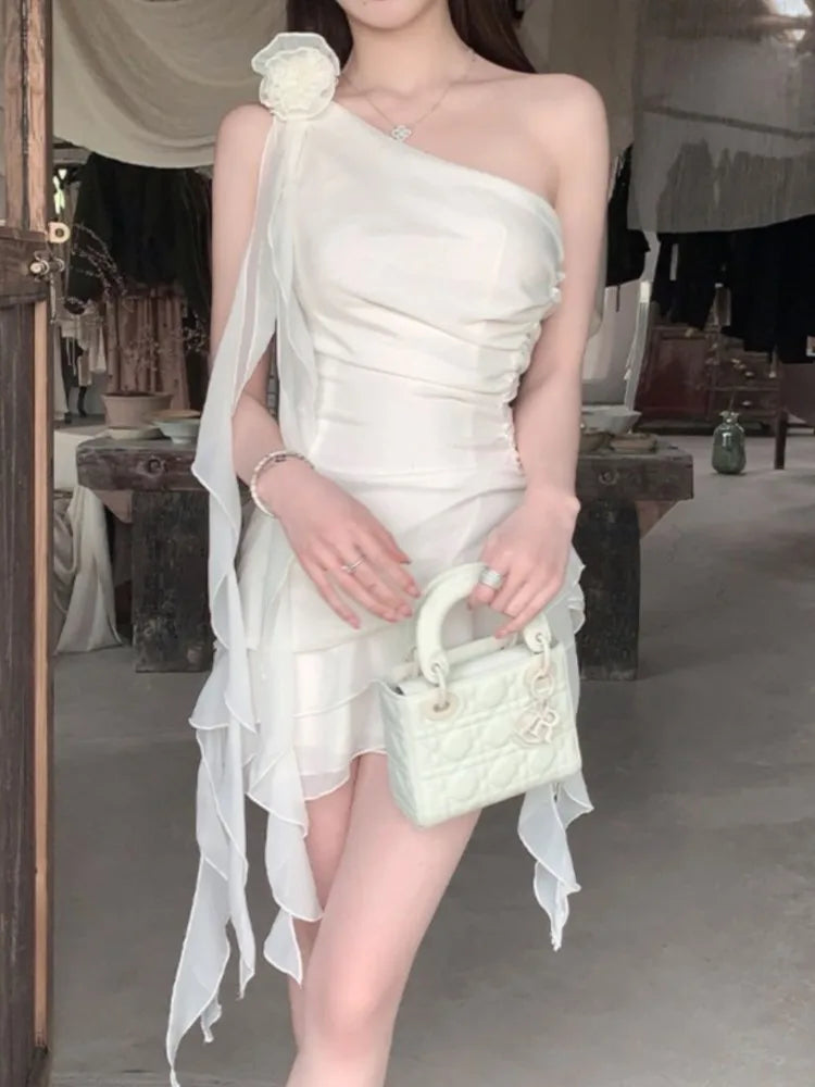 Y2k Sweet Fairy Dresses White Diagonal Collar Ruffle Birthday Party Mini Dress Slim Waist Short Vestidos
