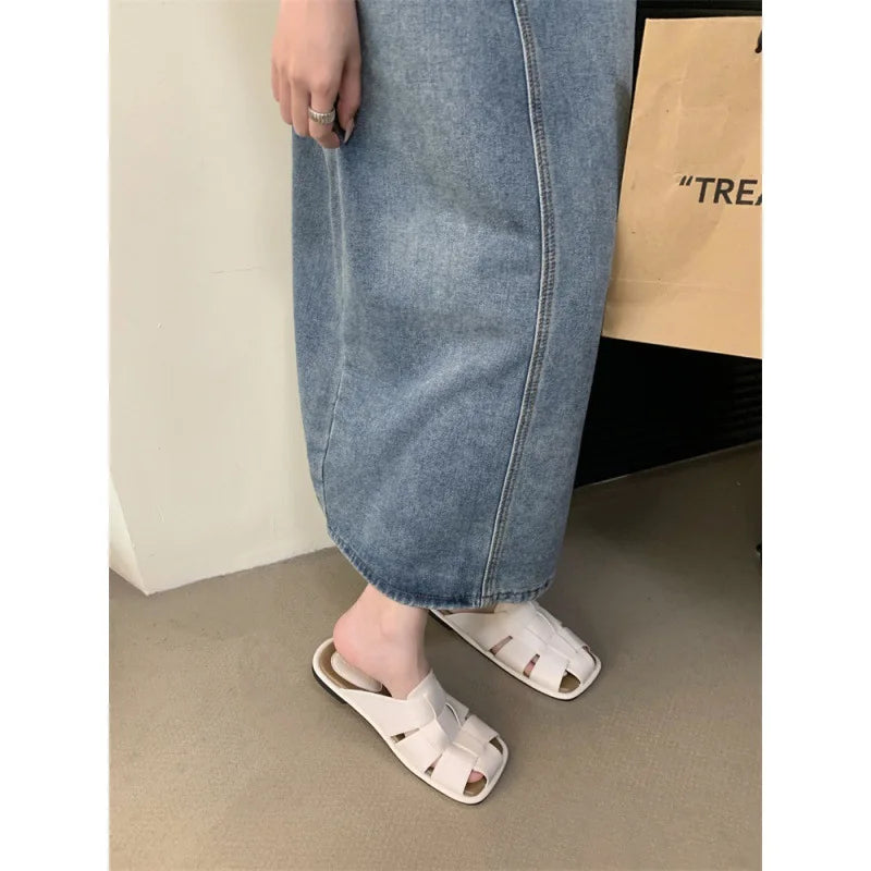 Slippers Summer Shoes Low Slides Cover Toe Pantofle Fretwork Heels Flat Rubber Pu Fabric Hoof Shoes Wo