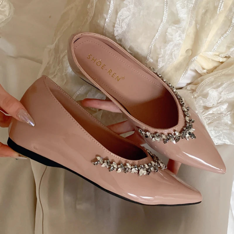 Crystal Shallow Mouth Pumps Pointed Toe Low Heeled Slingback Sandals Party Dress Shoes Branded Loafers