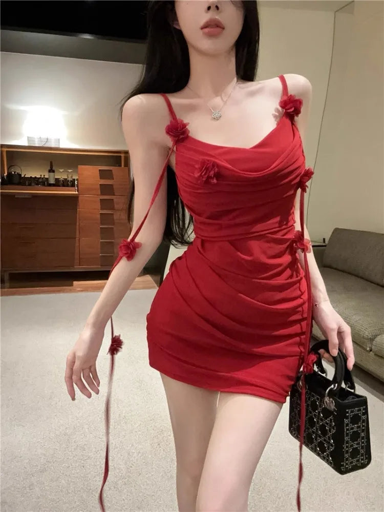 Dress Woman Sleeveless Slash Neck Flowers Slim Tassel Ruched Backless Slim Party Mini Dresses Female Club
