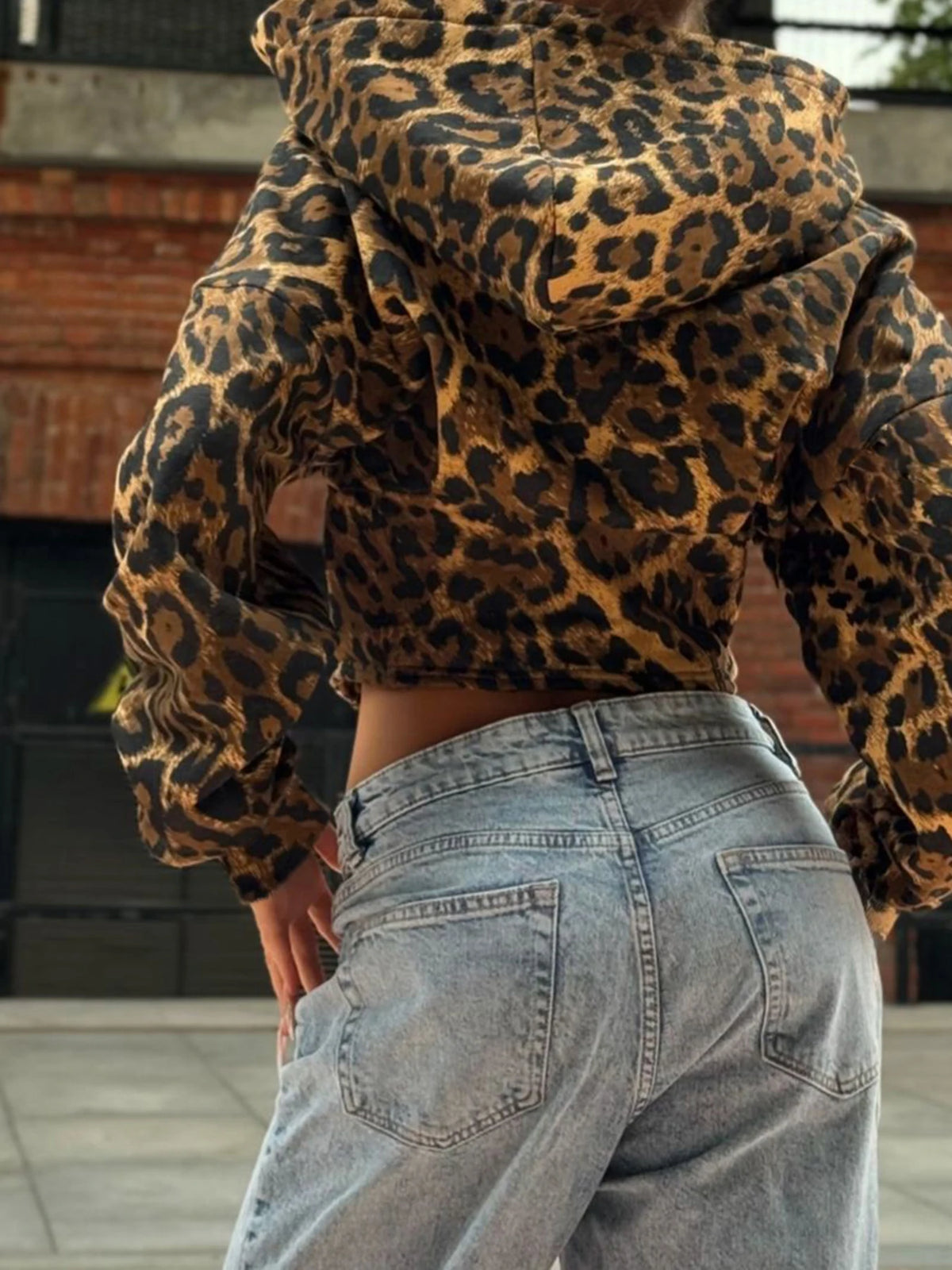 Autumn New Zip Up Hooded ��s Sweats Long Sleeve Binding Waist Leopard Hoodies Gyaru Baddie Y2k