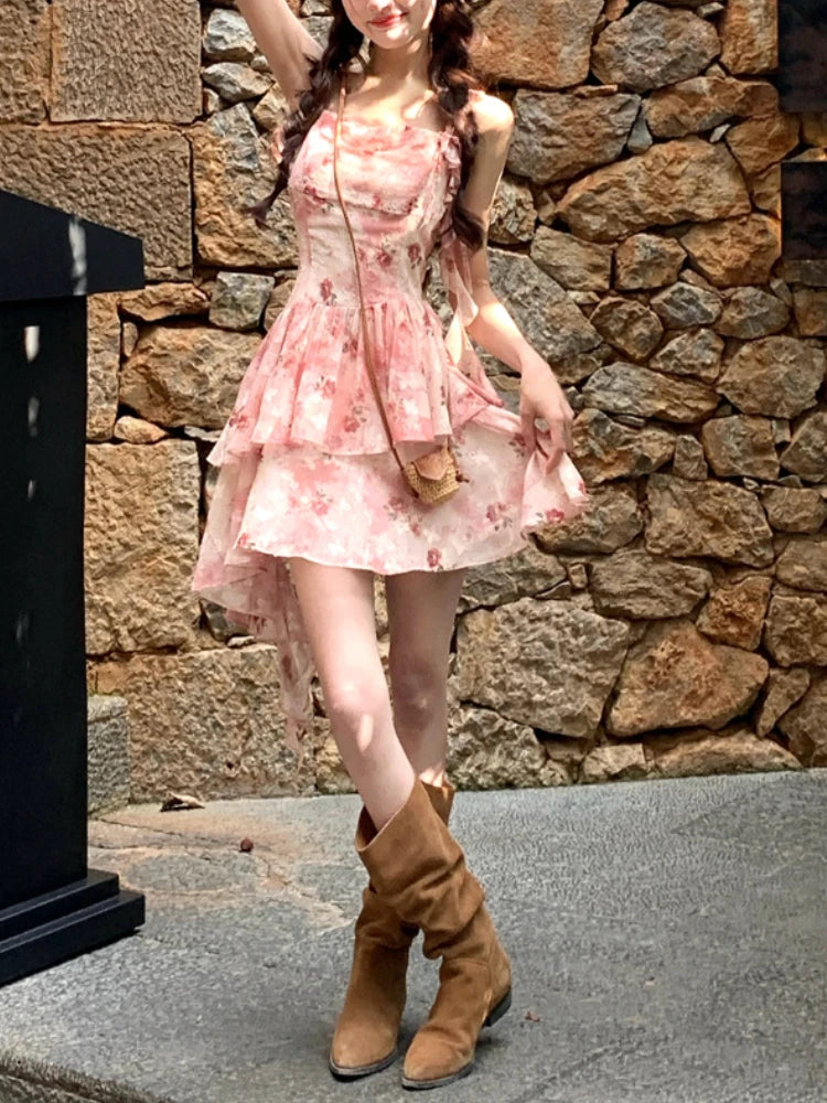 Summer French Dress Sweet Retro Slim Mini Dress Korean Y2k 2000s Strap Dress