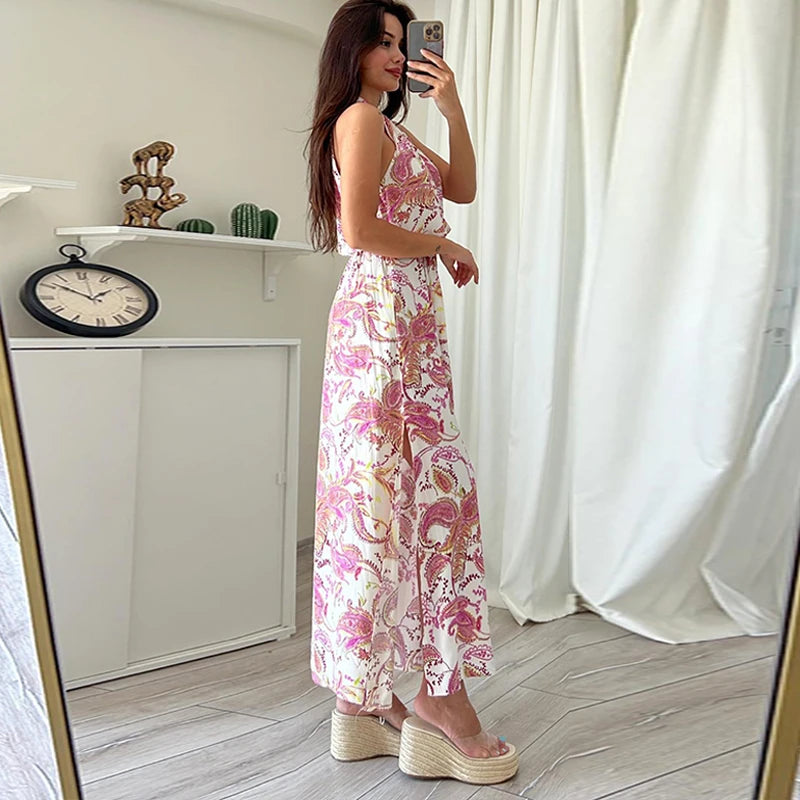 Female Off Shoulder Hollow Out Holiday Beach Dress Pattern Print High Waist Long Dress Summer Halter Loose Dress