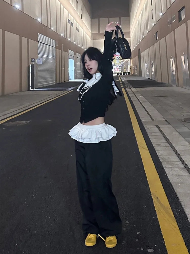 Ballet Skirt Patchwork Straight Pants High Street Design Elastic High Waist Sweatpants Korean Style Loose Trousers