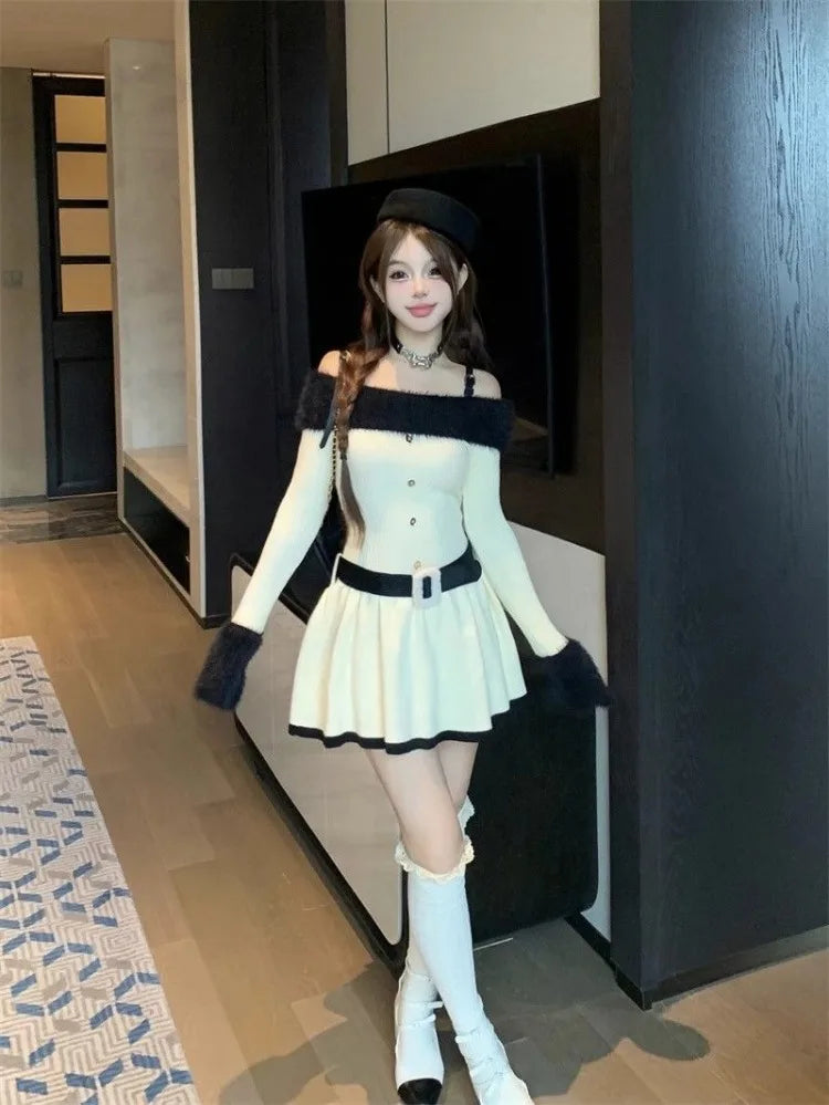 Knitted Dresses Autumn Winter Long Sleeve Slash Neck Slim Mini Dress Party Female
