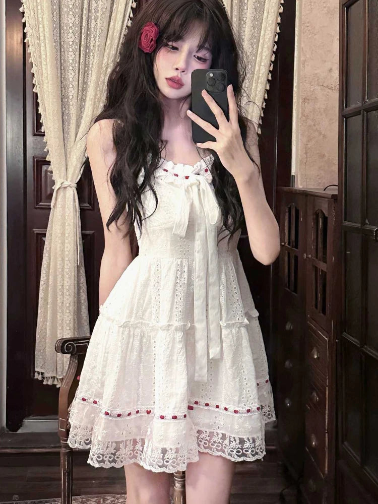 2000s Mini Dress Sweet Lace Hollow Out Sleeveless Dress Summer Birthday Party Strap Dress French