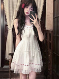2000s Mini Dress Sweet Lace Hollow Out Sleeveless Dress Summer Birthday Party Strap Dress French