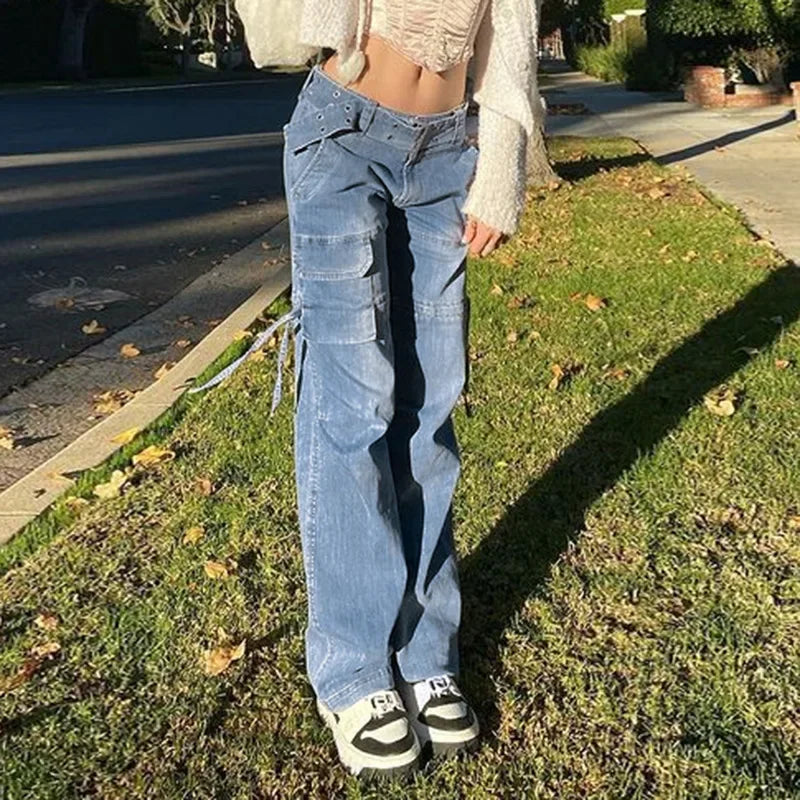 Y2k Street Retro Jeans Midiwaist Belt Drawstring Straight Pants Patchwork Style